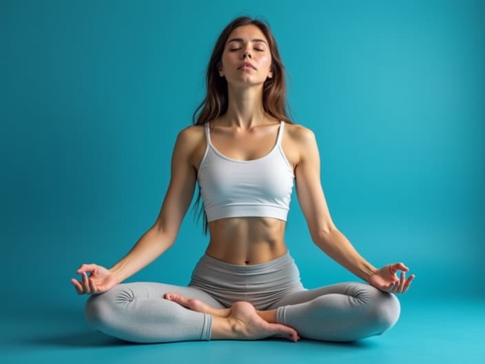 Studio portrait of a person practicing deep breathing exercises, calming blue background