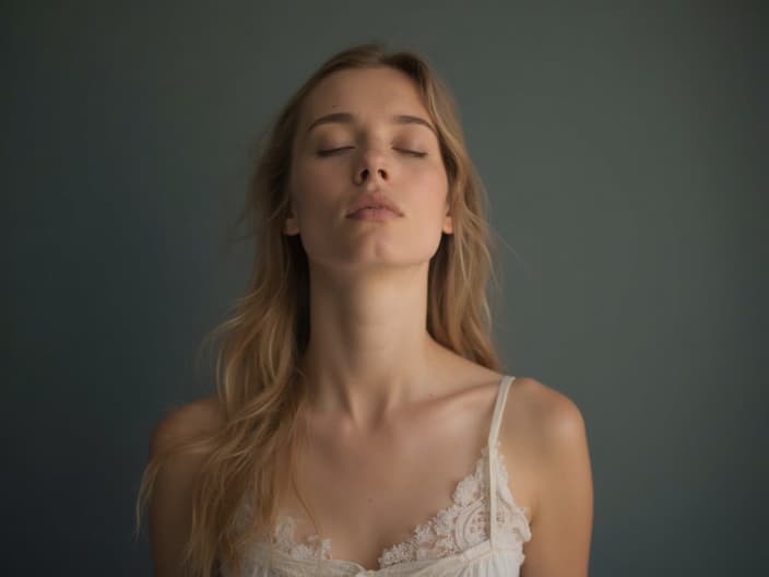 Studio portrait of a person practicing deep breathing exercises, visibly relaxed