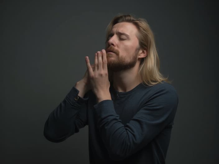 Studio portrait of a person practicing deep breathing exercises before a presentation