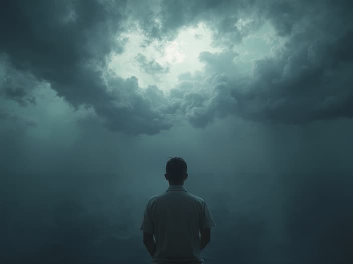 Studio portrait of a person practicing mindfulness techniques, overcoming anxiety symbolized by fading storm clouds