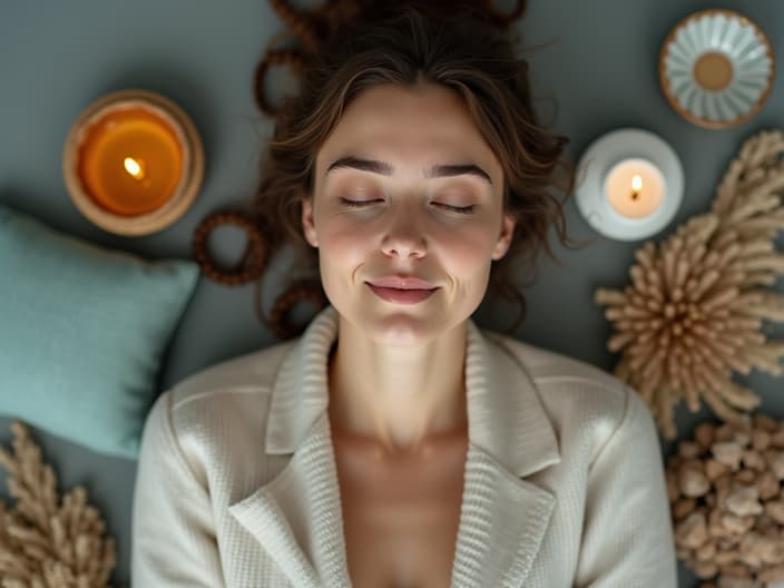 Studio portrait of a person practicing relaxation techniques, surrounded by calming items