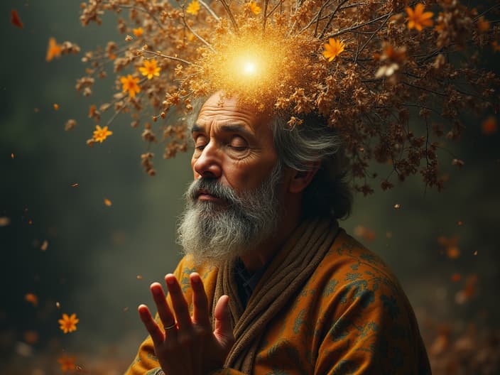 Studio portrait of a person practicing spirituality, surrounded by self-growth