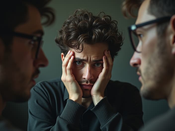 Studio portrait of a person repeating mistakes, surrounded by self-reflection