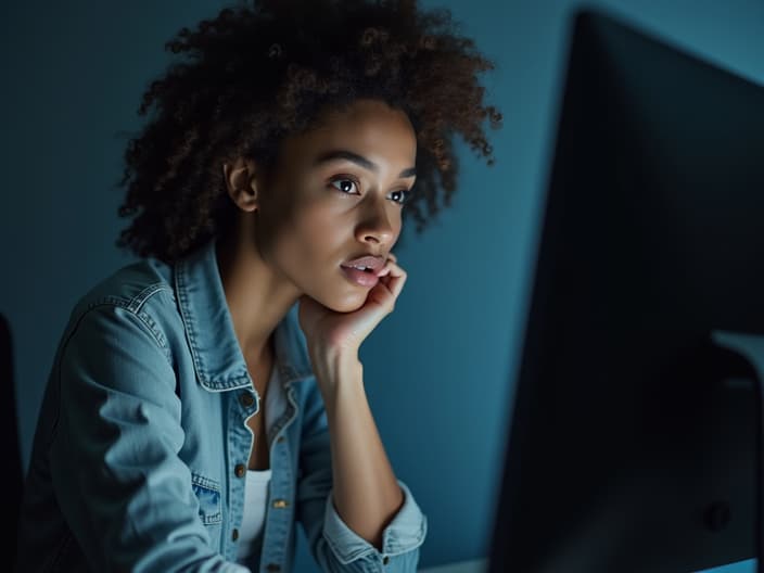 Studio portrait of a person researching on a computer, looking determined