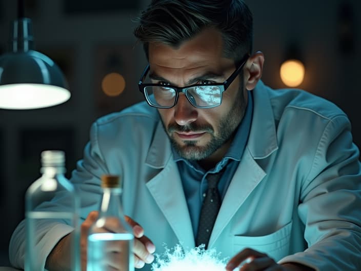 Studio portrait of a person researching psychodelics, surrounded by science