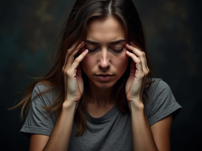 Studio portrait of a person seeking support, surrounded by help