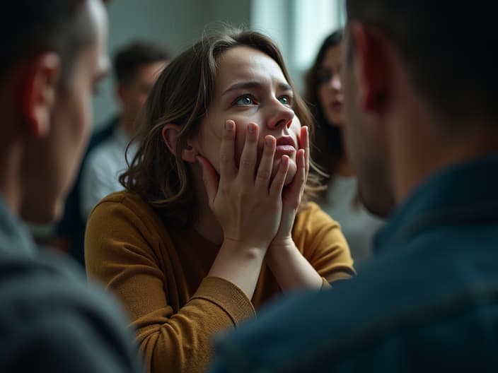 Studio portrait of a person seeking support from others, surrounded by confusion