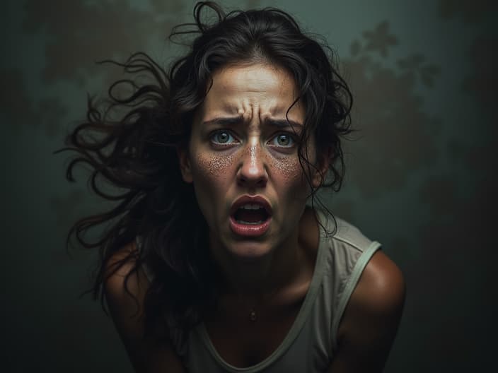 Studio portrait of a person struggling emotionally, surrounded by uncertainty