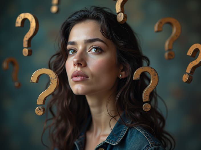 Studio portrait of a person surrounded by floating question marks and symbols of knowledge