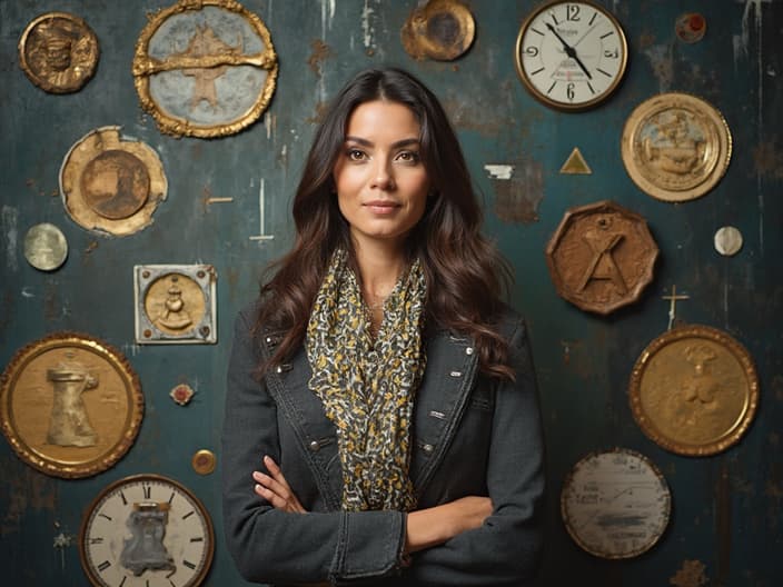 Studio portrait of a person surrounded by symbols of their strengths and talents