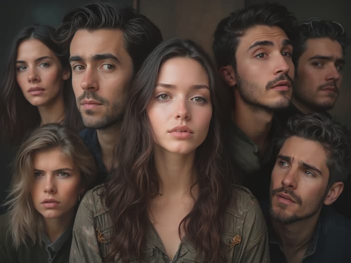 Studio portrait of a person surrounded by various emotional expressions, learning to understand them