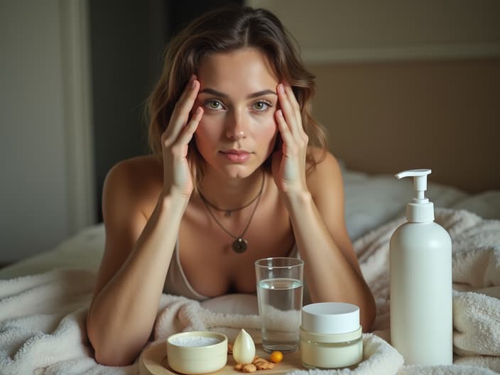 Studio portrait of a person taking care of themselves, surrounded by self-care items