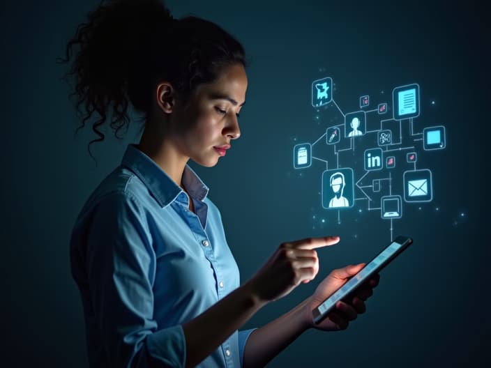 Studio portrait of a person using a tablet, surrounded by task icons