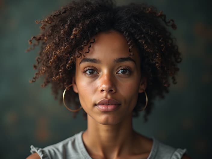 Studio portrait of a person with a calm expression, surrounded by coping strategies