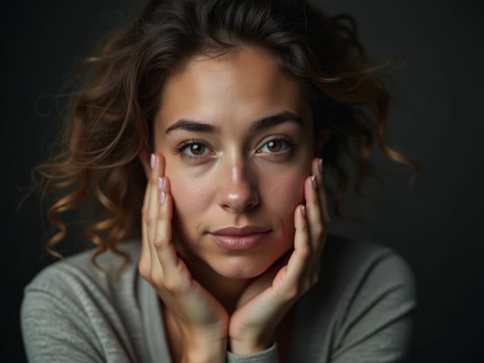 Studio portrait of a person with a calm expression, surrounded by emotional support