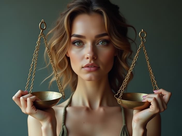 Studio portrait of a person with a calm expression holding a balance scale, symbolizing emotional balance