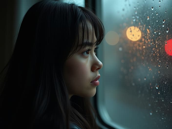 Studio portrait of a person with a contemplative expression, looking out a rainy window