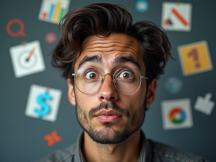 Studio portrait of a person with a distracted expression, surrounded by scattered task icons