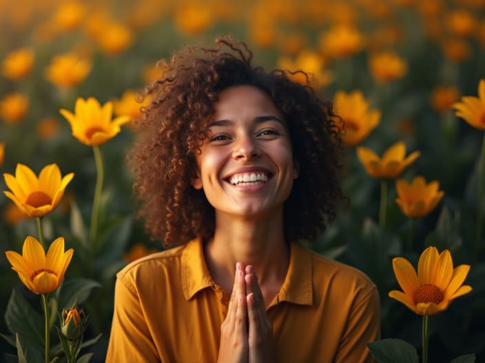 Studio portrait of a person with a grateful expression, surrounded by their blessings