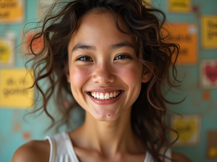 Studio portrait of a person with a hopeful expression, surrounded by positive affirmations