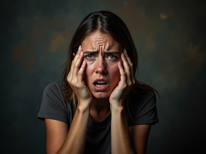 Studio portrait of a person with a hurt expression, surrounded by criticism