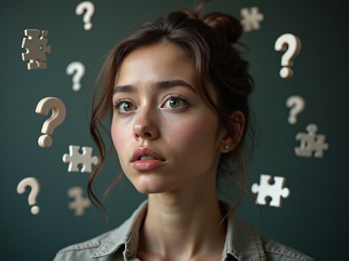 Studio portrait of a person with a thoughtful expression, surrounded by floating question marks and puzzle pieces