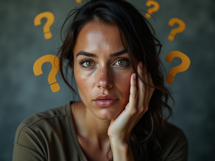 Studio portrait of a person with a thoughtful expression, surrounded by questions