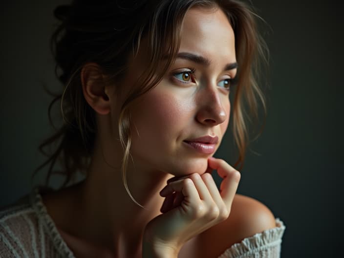 Studio portrait of a person with a thoughtful expression, surrounded by the present moment