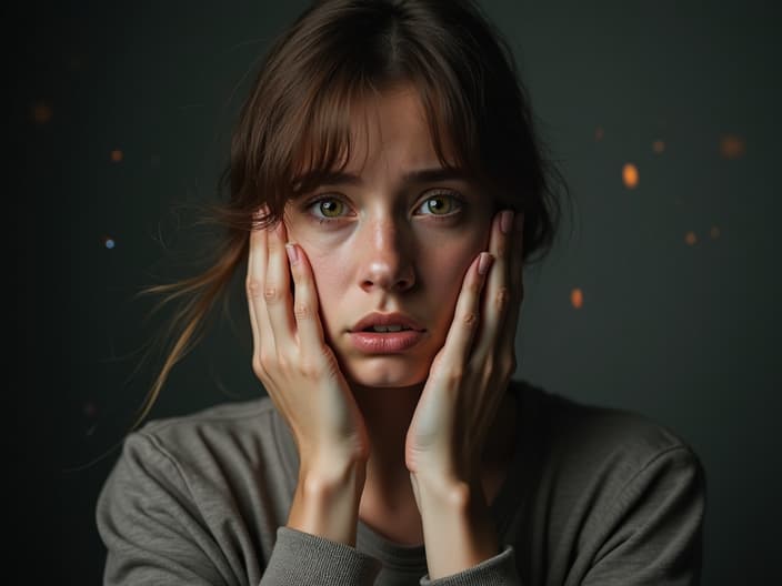 Studio portrait of a person with a worried expression, surrounded by self-doubt