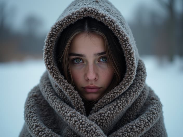 Studio portrait of a person wrapped in a blanket, looking tired against a winter backdrop