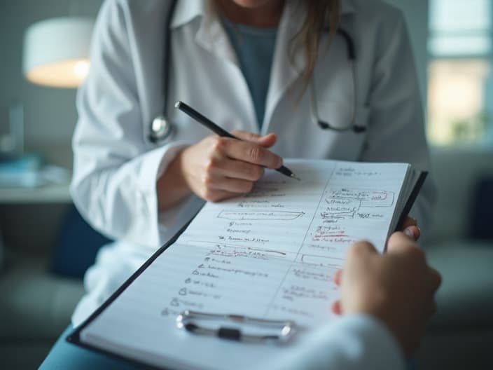 Studio portrait of a person writing questions in a notebook, medical office setting in background