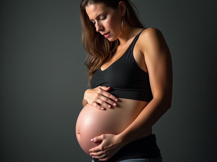 Studio portrait of a pregnant woman holding her stomach, looking uncomfortable