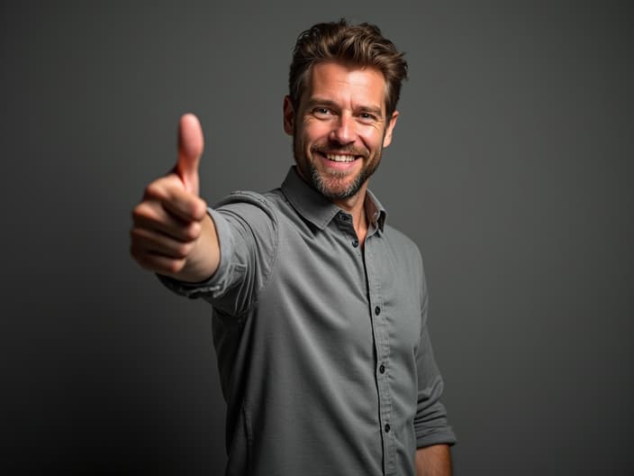 Studio portrait of a proud and supportive man giving a thumbs up, professional backdrop