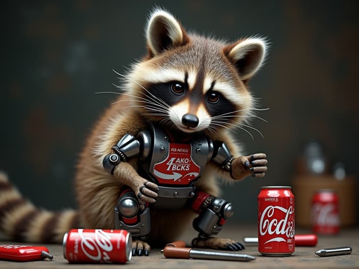 Studio portrait of a raccoon assembling a robot made of soda cans, tools scattered around