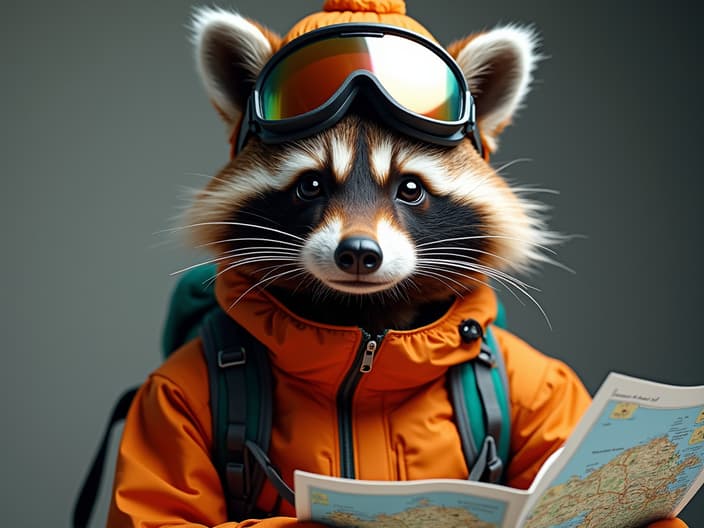 Studio portrait of a raccoon in extreme sports gear, surrounded by travel brochures and maps