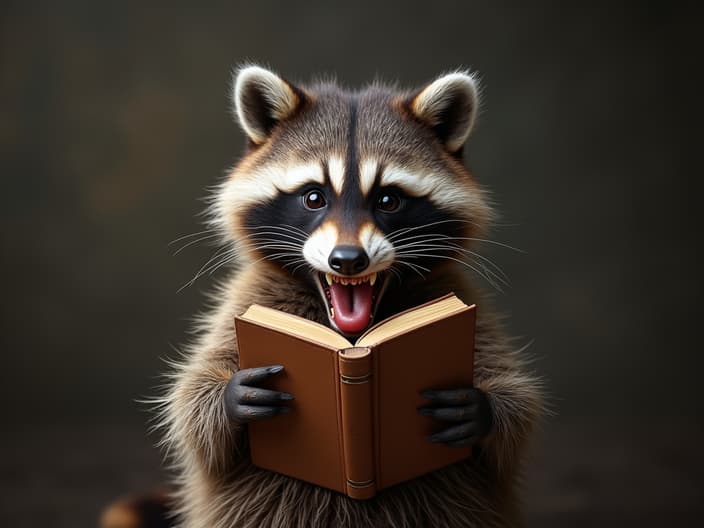 Studio portrait of a raccoon reading a book about octopuses, with a disgusting fact highlighted