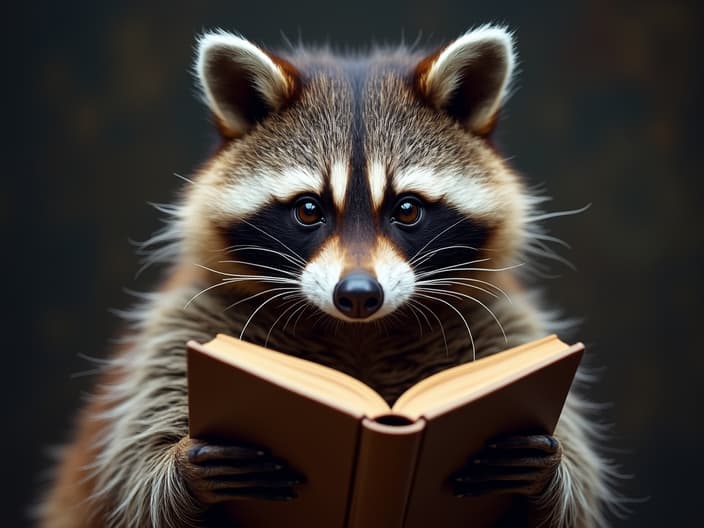 Studio portrait of a raccoon reading a book about psychedelics, with a mind-blowing fact highlighted