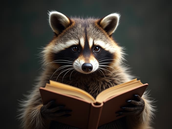 Studio portrait of a raccoon reading a scientific journal, with a mind-blowing discovery highlighted