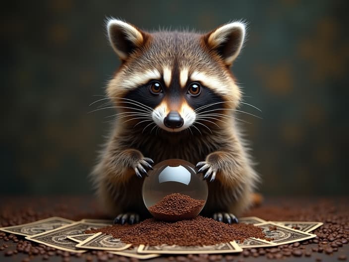 Studio portrait of a raccoon reading coffee grounds, with a crystal ball and tarot cards in the background