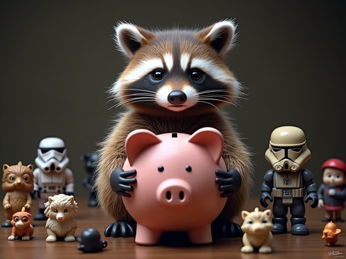 Studio portrait of a raccoon surrounded by Star Wars figurines, holding a piggy bank