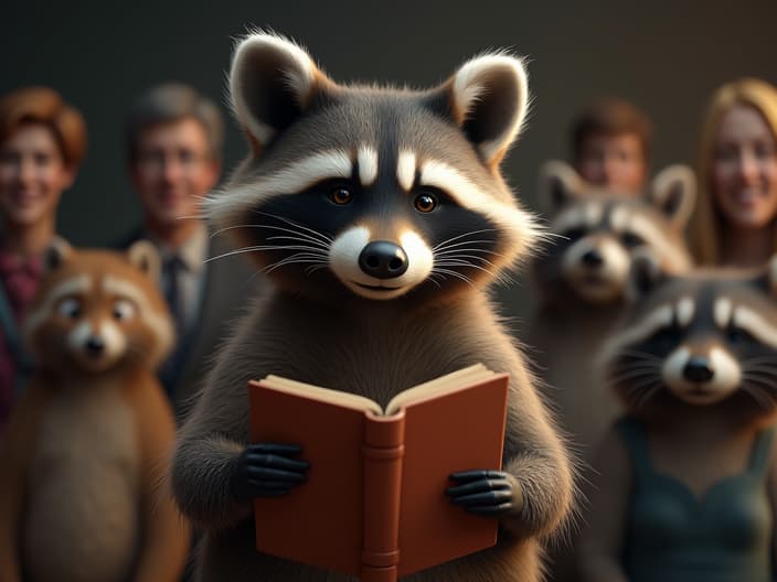 Studio portrait of a raccoon telling a boring story, with a sleepy audience in the background