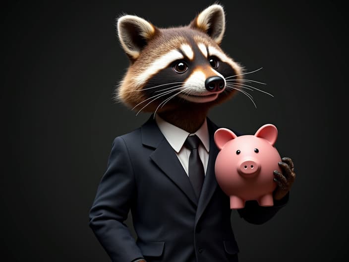 Studio portrait of a raccoon wearing a business suit and holding a piggy bank, dramatic lighting