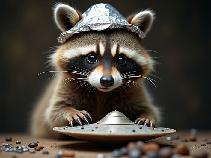 Studio portrait of a raccoon wearing a tinfoil hat, working on a DIY flying saucer model