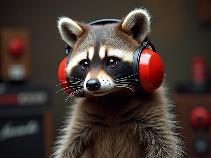 Studio portrait of a raccoon wearing ear protection, surrounded by various loud instruments