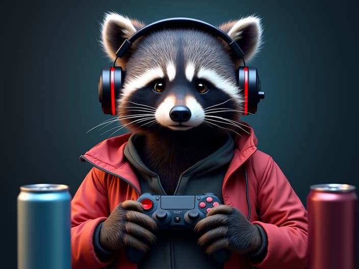 Studio portrait of a raccoon wearing gaming headset, holding a controller, with energy drinks nearby