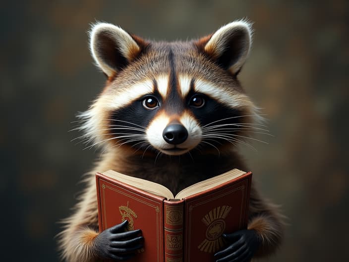 Studio portrait of a raccoon with a conspiracy theory book, surrounded by mysterious symbols