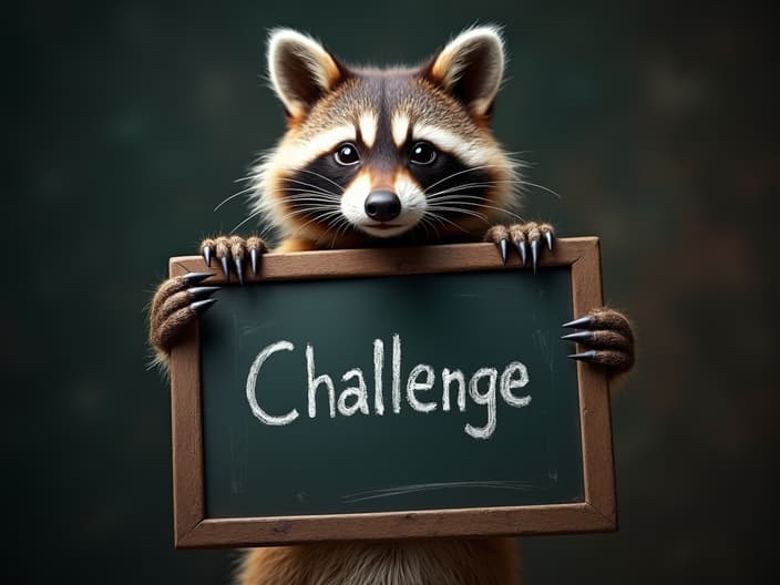 Studio portrait of a raccoon with a silly challenge written on a chalkboard