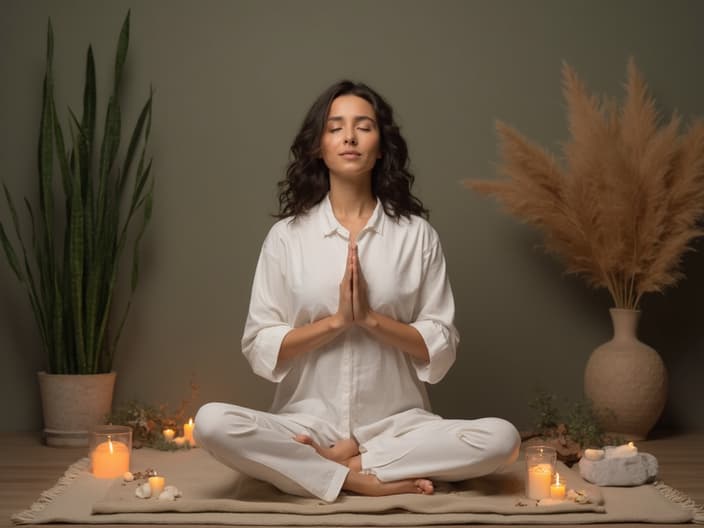 Studio portrait of a relaxed person practicing mindfulness techniques, surrounded by calming elements