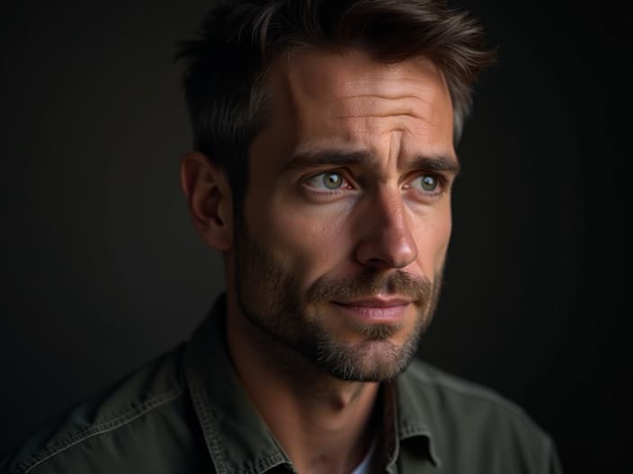 Studio portrait of a sympathetic man with a concerned expression, comforting lighting