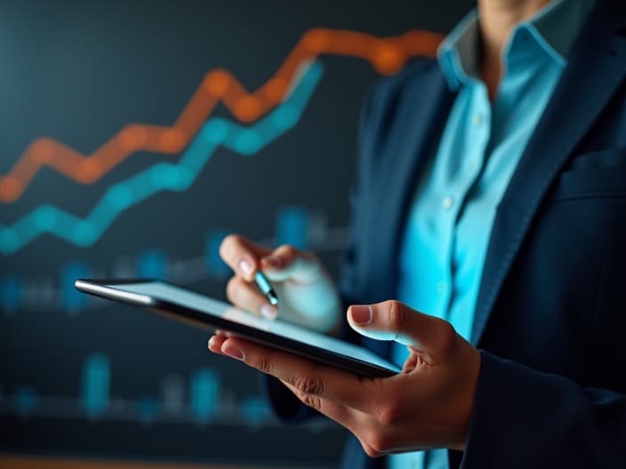 Studio portrait of a teacher explaining economic graphs on a digital tablet, professional setting